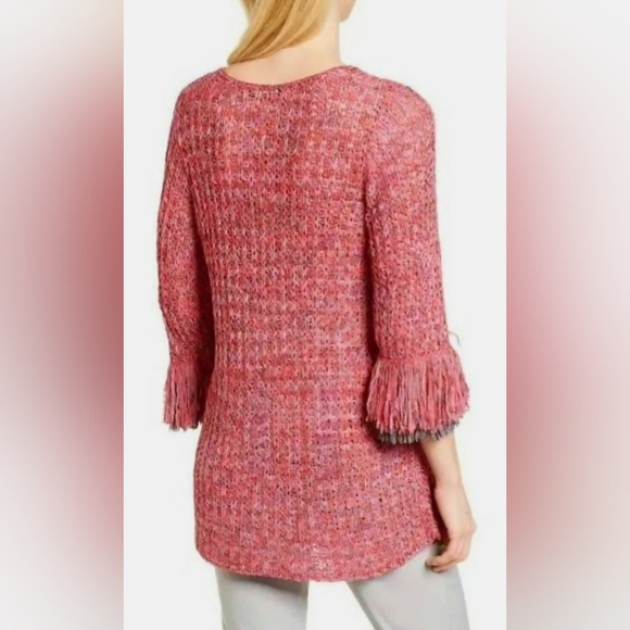 Nic + Zoe Pink & Red Airy Macrame Ribbon Knit Fringe Sweater, Medium Size, - Picture 16 of 16